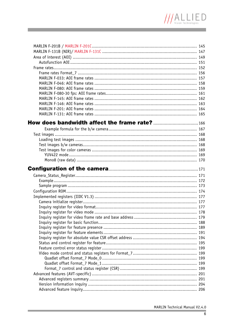 How does bandwidth affect the frame rate, Configuration of the camera | ALLIED Vision Technologies Marlin F-201 User Manual | Page 6 / 247