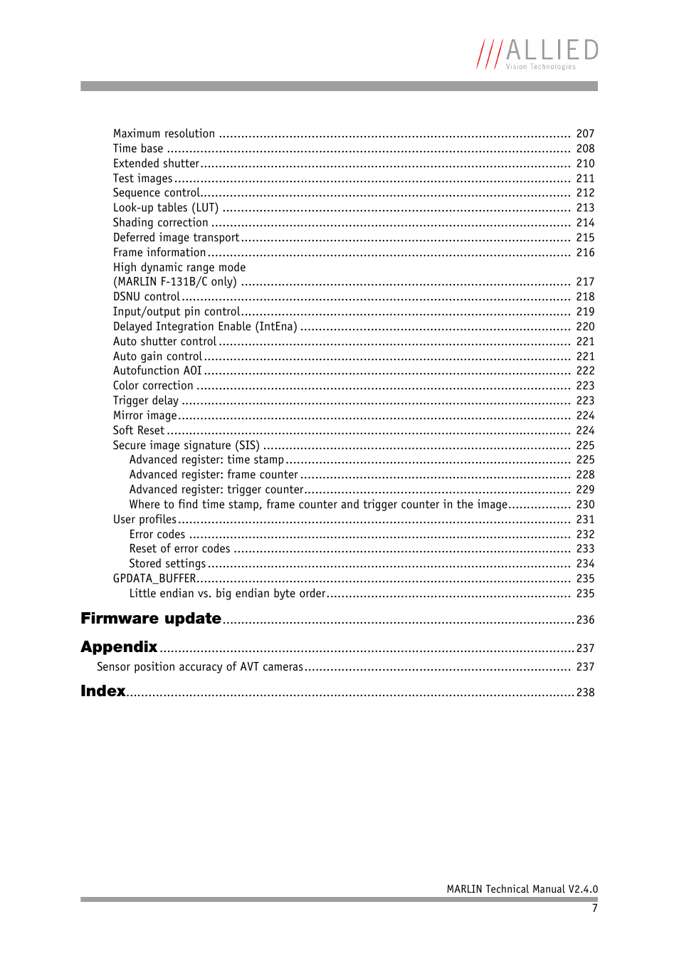 Firmware update, Appendix, Index | ALLIED Vision Technologies Marlin F-201 User Manual | Page 7 / 247