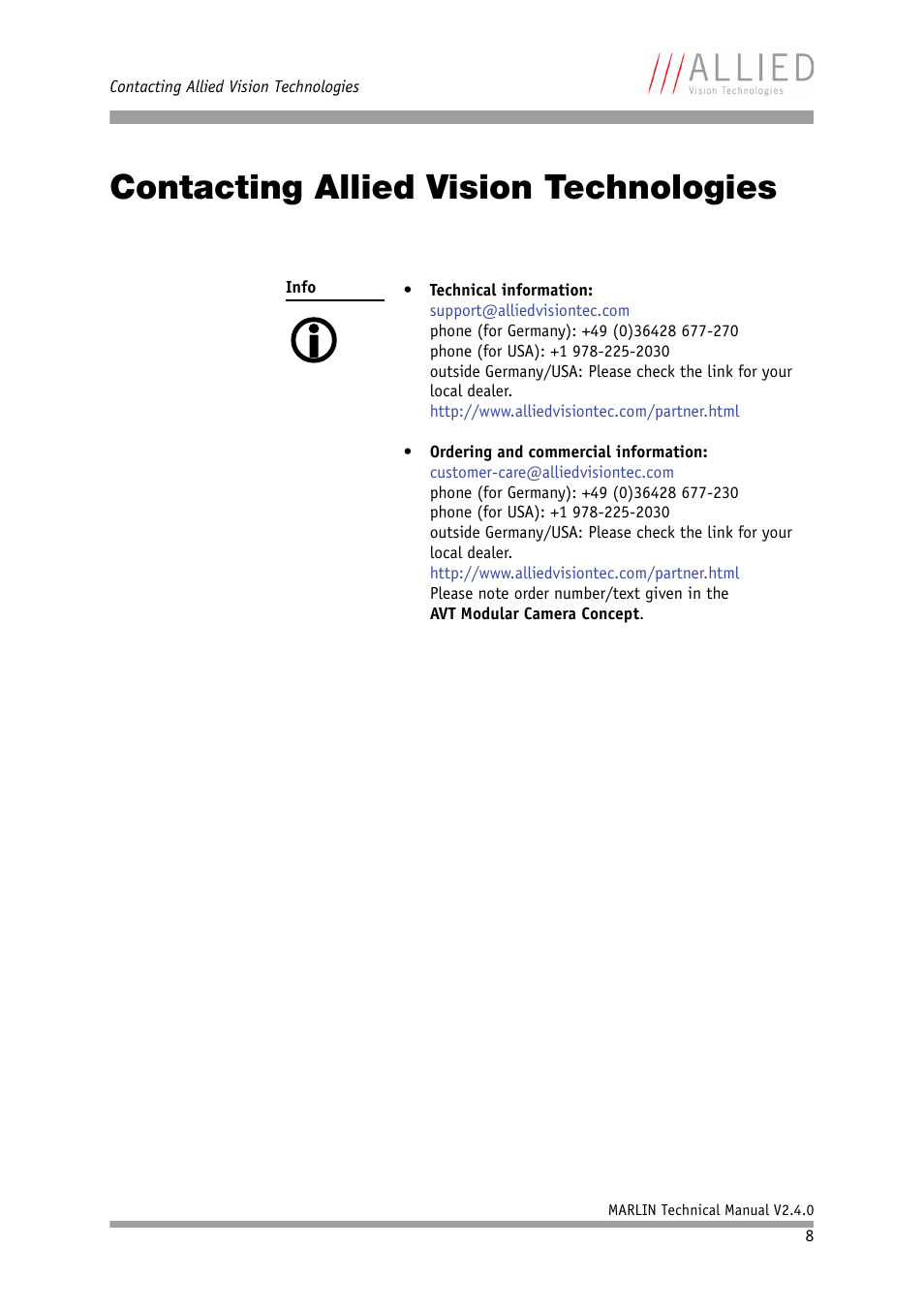 Contacting allied vision technologies | ALLIED Vision Technologies Marlin F-201 User Manual | Page 8 / 247