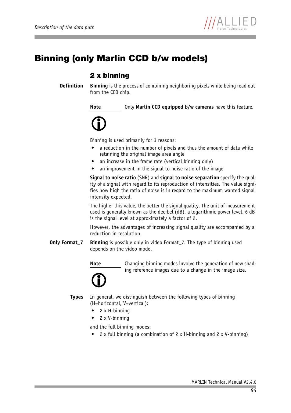 Binning (only marlin ccd b/w models), 2 x binning | ALLIED Vision Technologies Marlin F-201 User Manual | Page 94 / 247