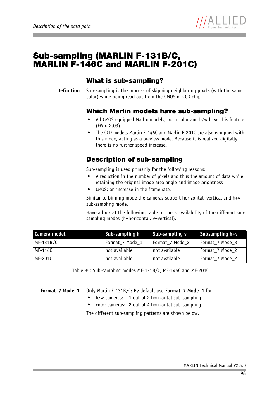 What is sub-sampling, Which marlin models have sub-sampling, Description of sub-sampling | ALLIED Vision Technologies Marlin F-201 User Manual | Page 98 / 247