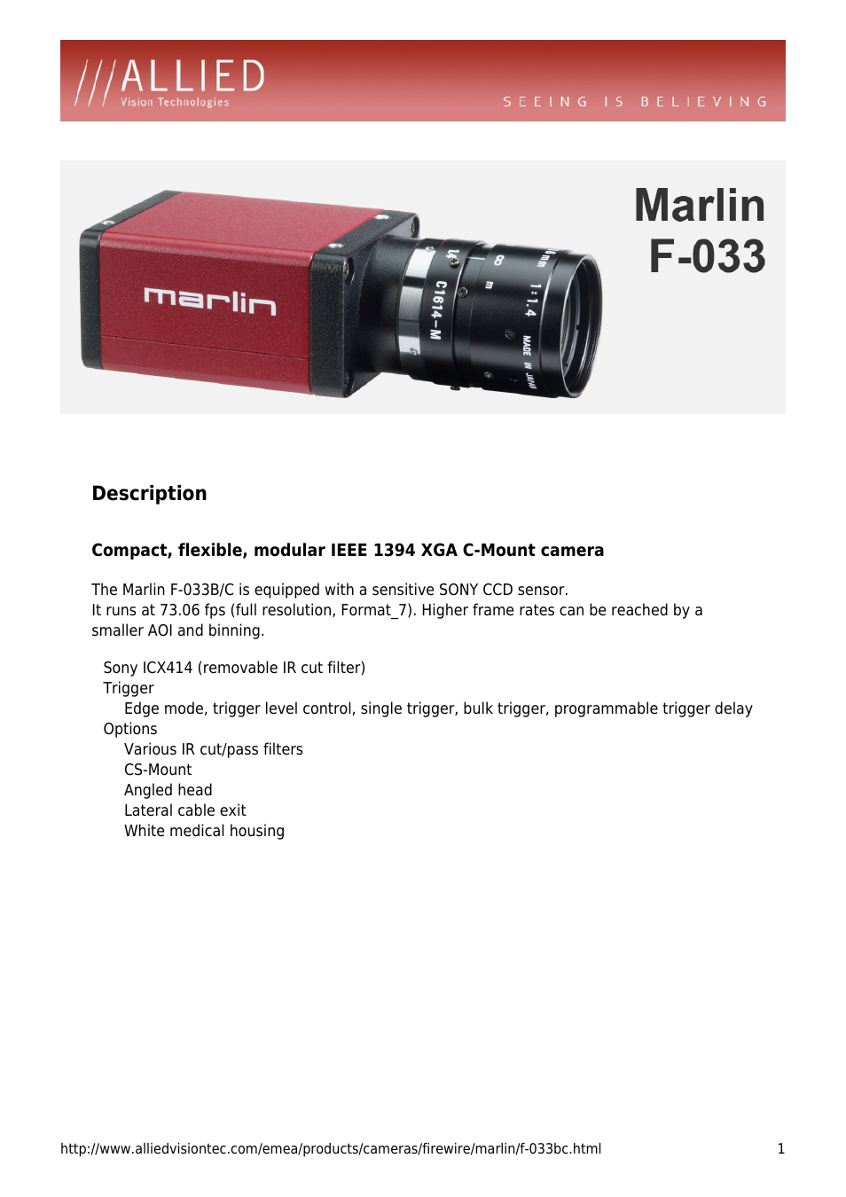 ALLIED Vision Technologies Marlin F-033 User Manual | 4 pages