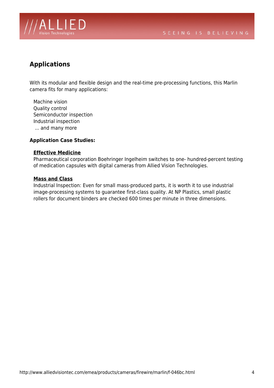Applications | ALLIED Vision Technologies Marlin F-046 User Manual | Page 4 / 4