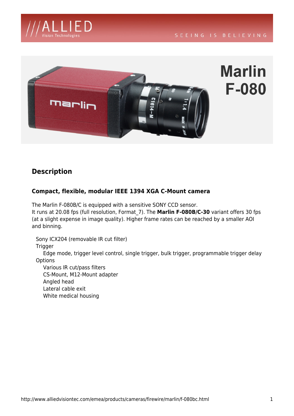 ALLIED Vision Technologies Marlin F-080 User Manual | 4 pages