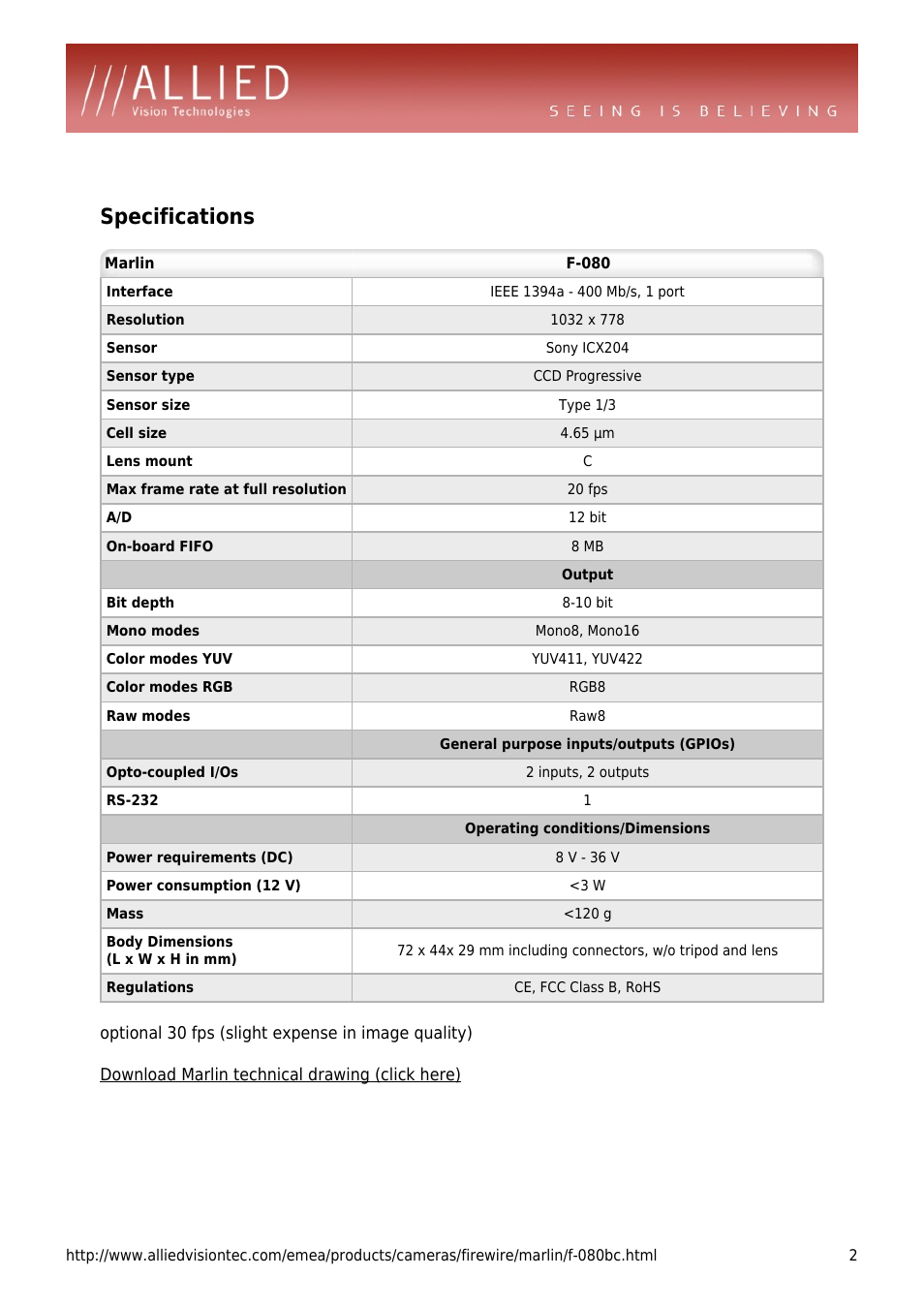 Specifications | ALLIED Vision Technologies Marlin F-080 User Manual | Page 2 / 4