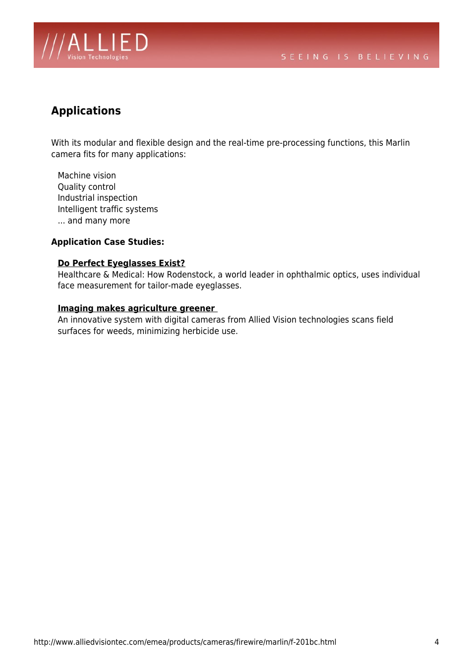 Applications | ALLIED Vision Technologies Marlin F-201 User Manual | Page 4 / 4