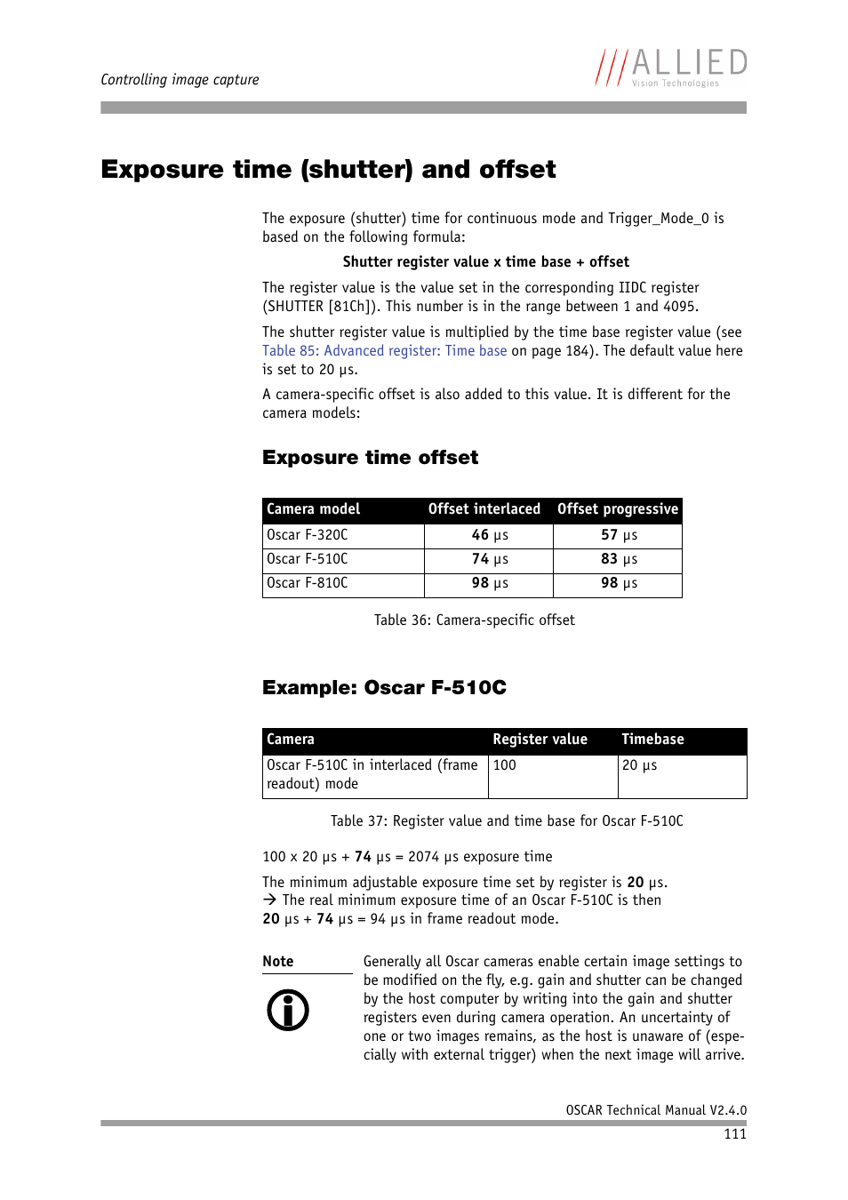 Exposure time (shutter) and offset, Exposure time offset, Example: oscar f-510c | Exposure time offset example: oscar f-510c, D jitter values (chapter, Exposure time (shutter), And offset, In chapter, Exposure time, Shutter) and offset | ALLIED Vision Technologies Oscar F-810 User Manual | Page 111 / 212