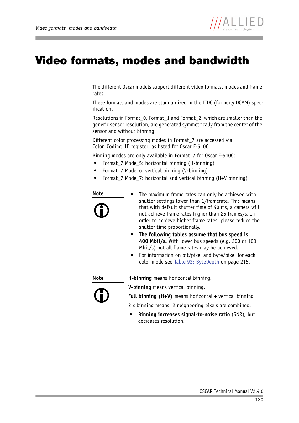 Video formats, modes and bandwidth, Chapter, Video formats, modes and band | Width | ALLIED Vision Technologies Oscar F-810 User Manual | Page 120 / 212
