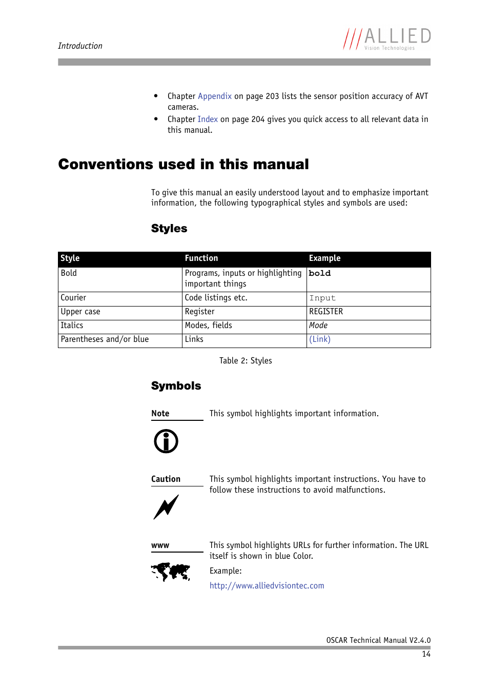 Conventions used in this manual, Styles, Symbols | Styles symbols | ALLIED Vision Technologies Oscar F-810 User Manual | Page 14 / 212