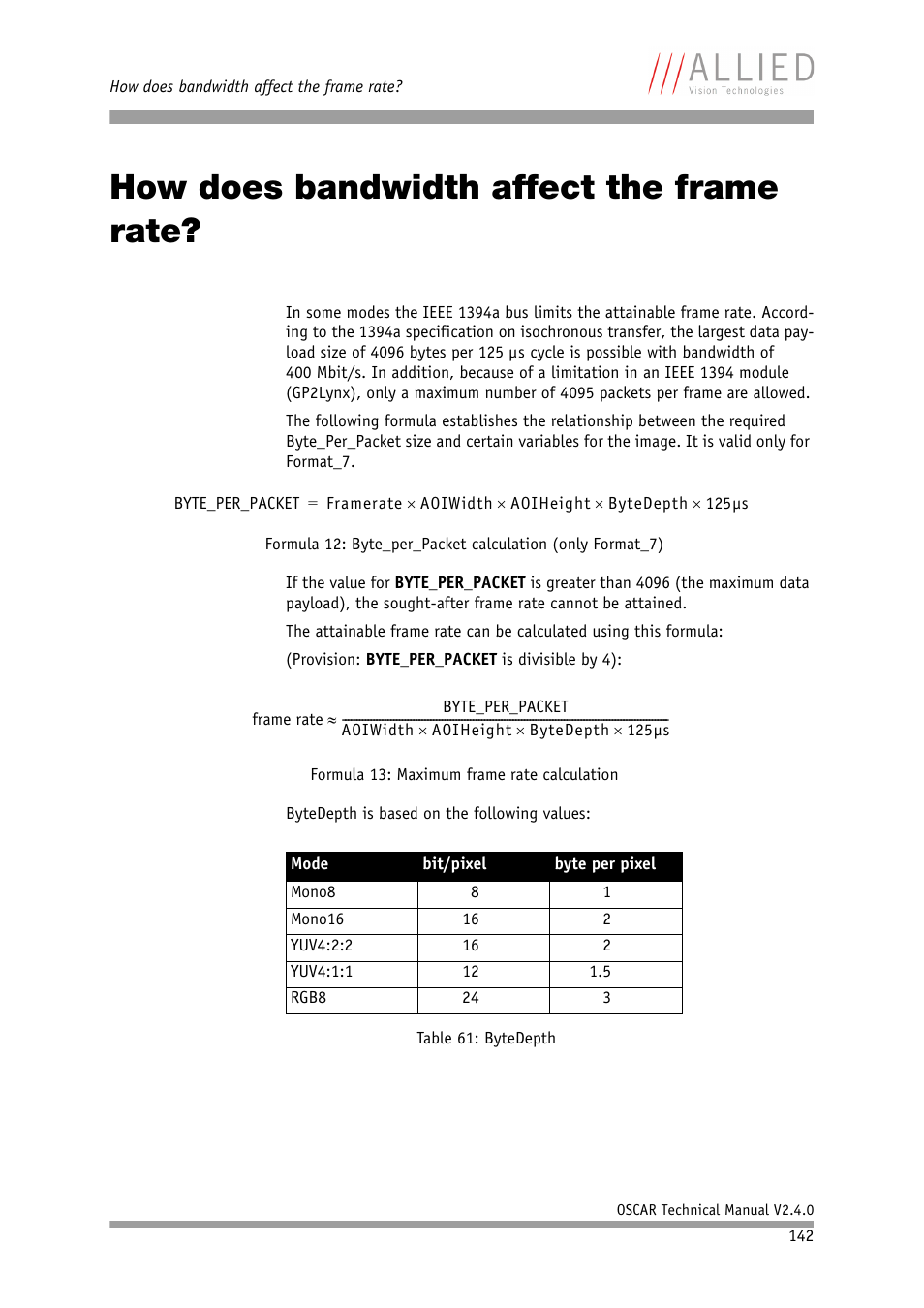 How does bandwidth affect the frame rate, Chapter, How does bandwidth affect the frame | Rate, Table 61: bytedepth | ALLIED Vision Technologies Oscar F-810 User Manual | Page 142 / 212