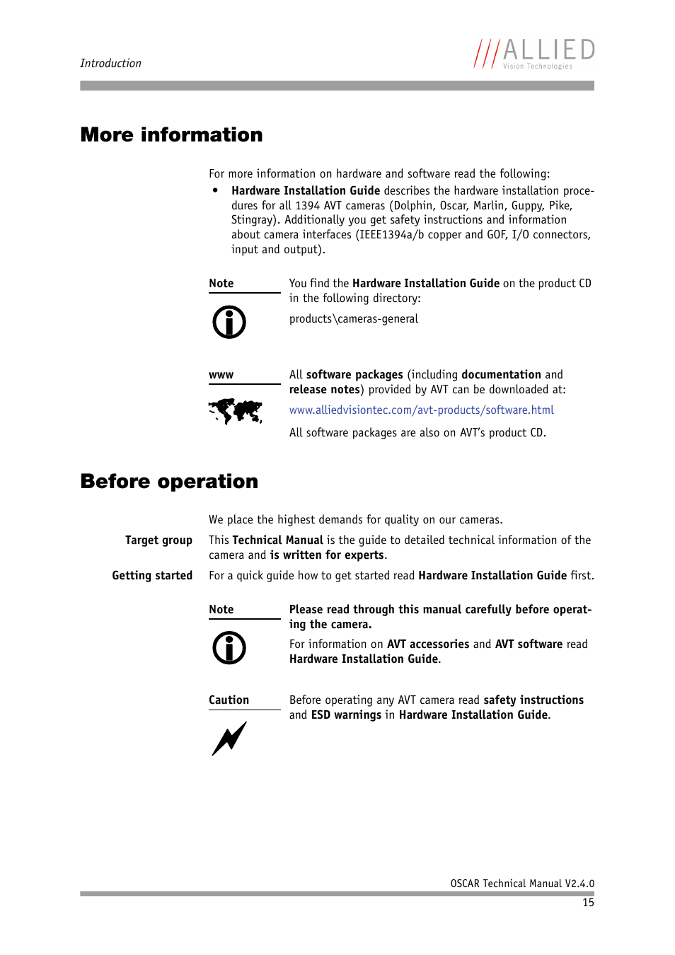 More information, Before operation, More information before operation | ALLIED Vision Technologies Oscar F-810 User Manual | Page 15 / 212