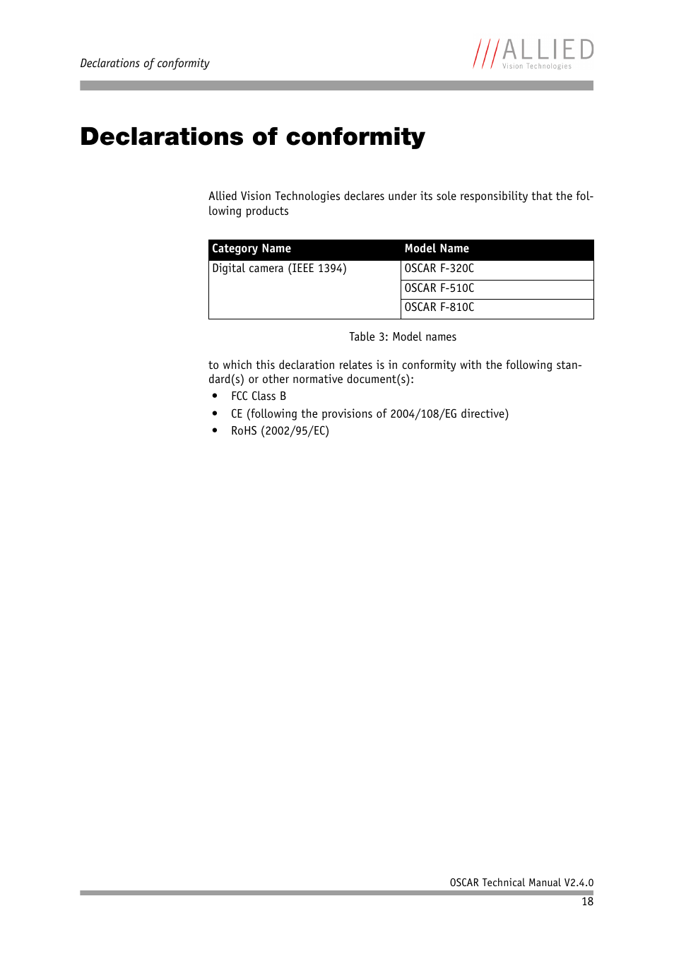 Declarations of conformity, Eg in chapter, Larations of conformity | D rohs in chapter, Chapter | ALLIED Vision Technologies Oscar F-810 User Manual | Page 18 / 212