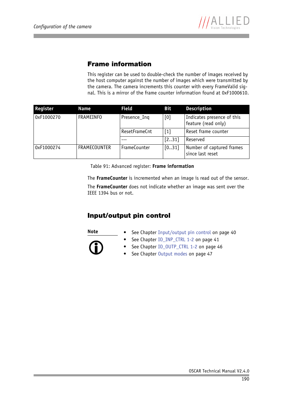 Frame information, Input/output pin control, Frame information input/output pin control | ALLIED Vision Technologies Oscar F-810 User Manual | Page 190 / 212