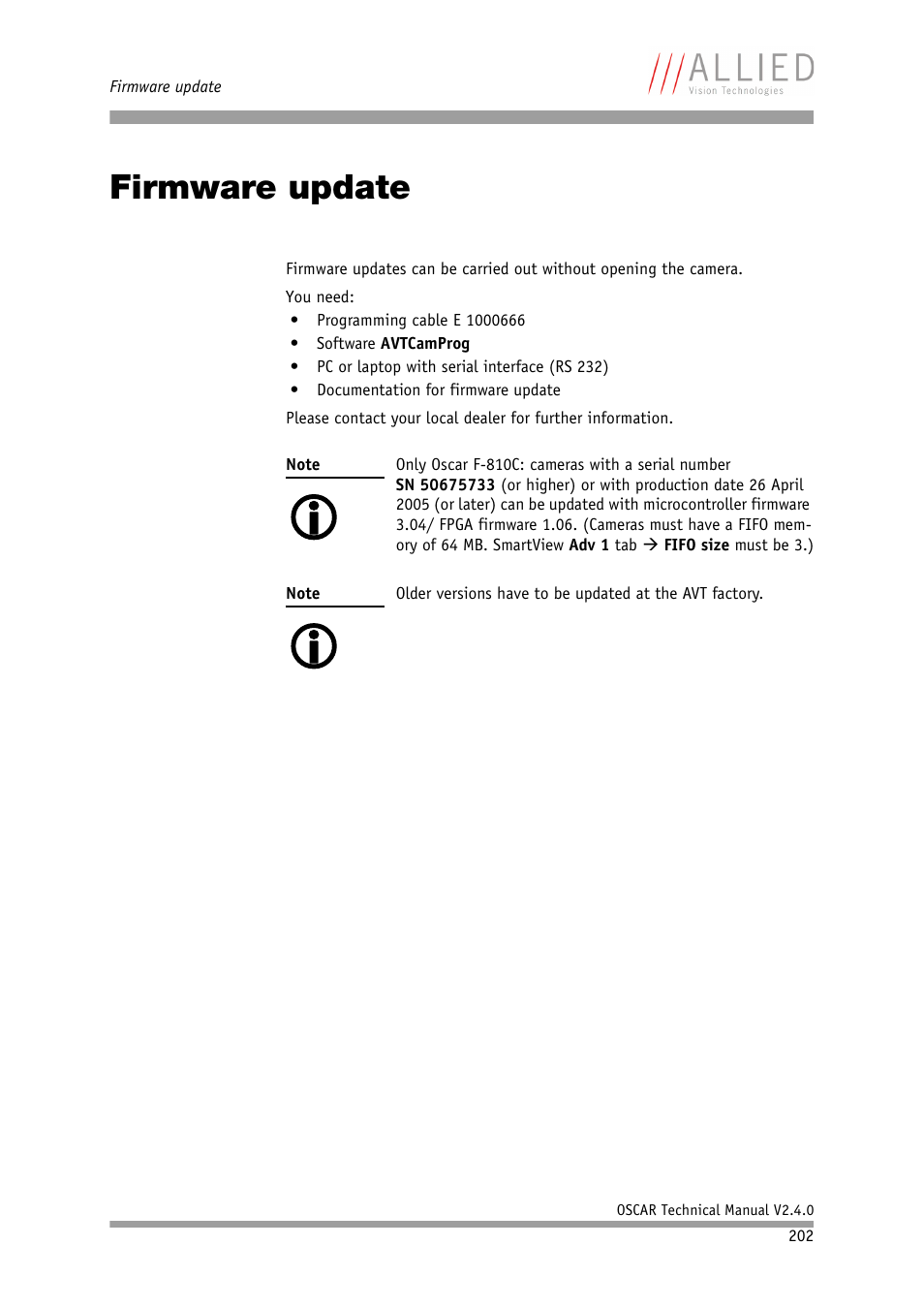 Firmware update, Chapter | ALLIED Vision Technologies Oscar F-810 User Manual | Page 202 / 212