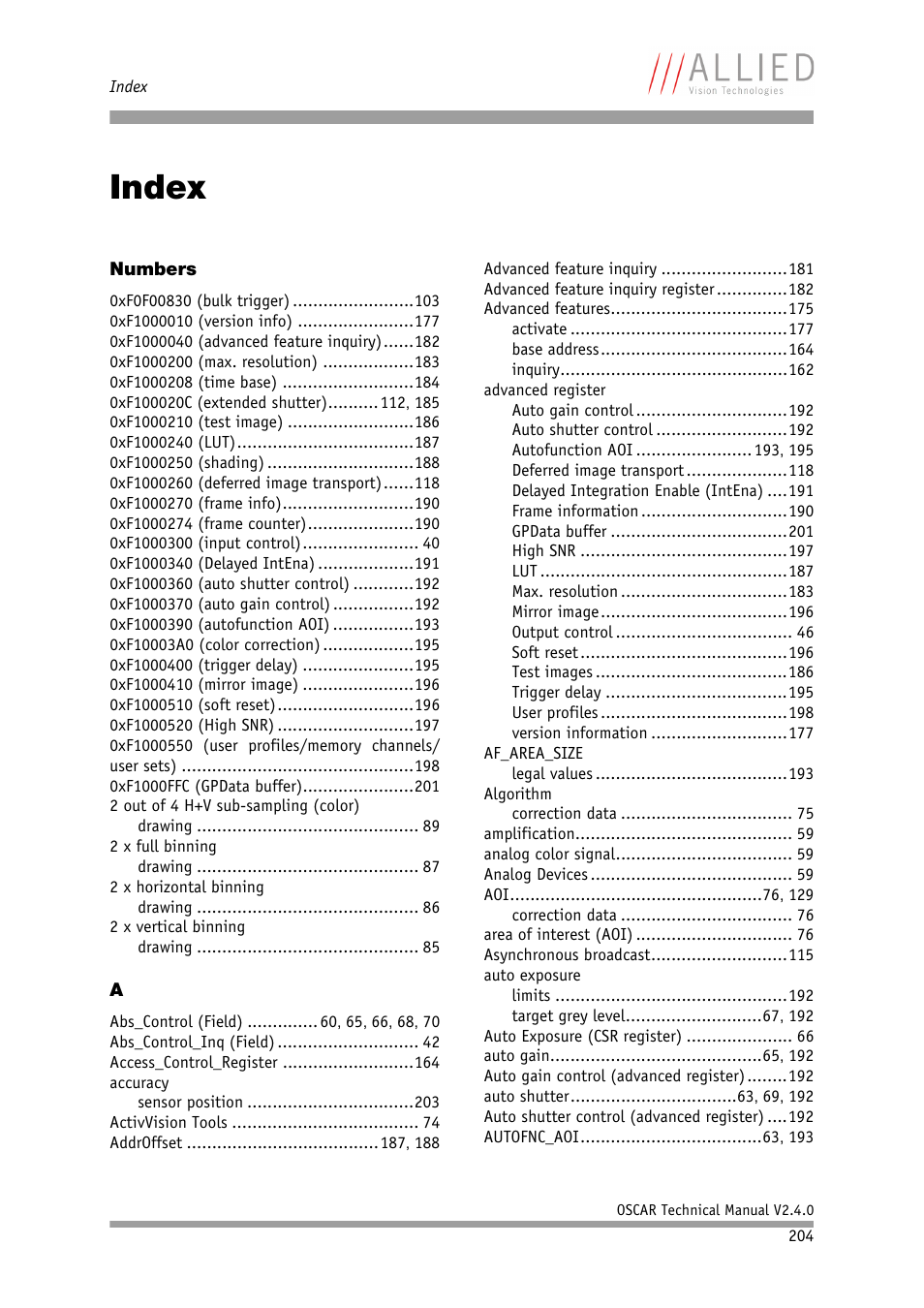 Index, Chapter | ALLIED Vision Technologies Oscar F-810 User Manual | Page 204 / 212