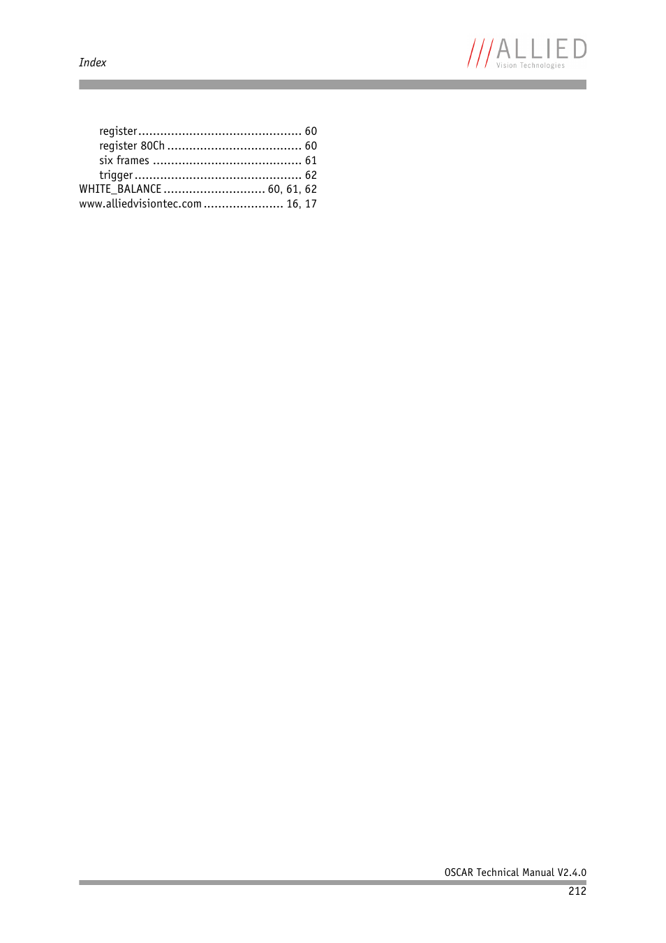ALLIED Vision Technologies Oscar F-810 User Manual | Page 212 / 212