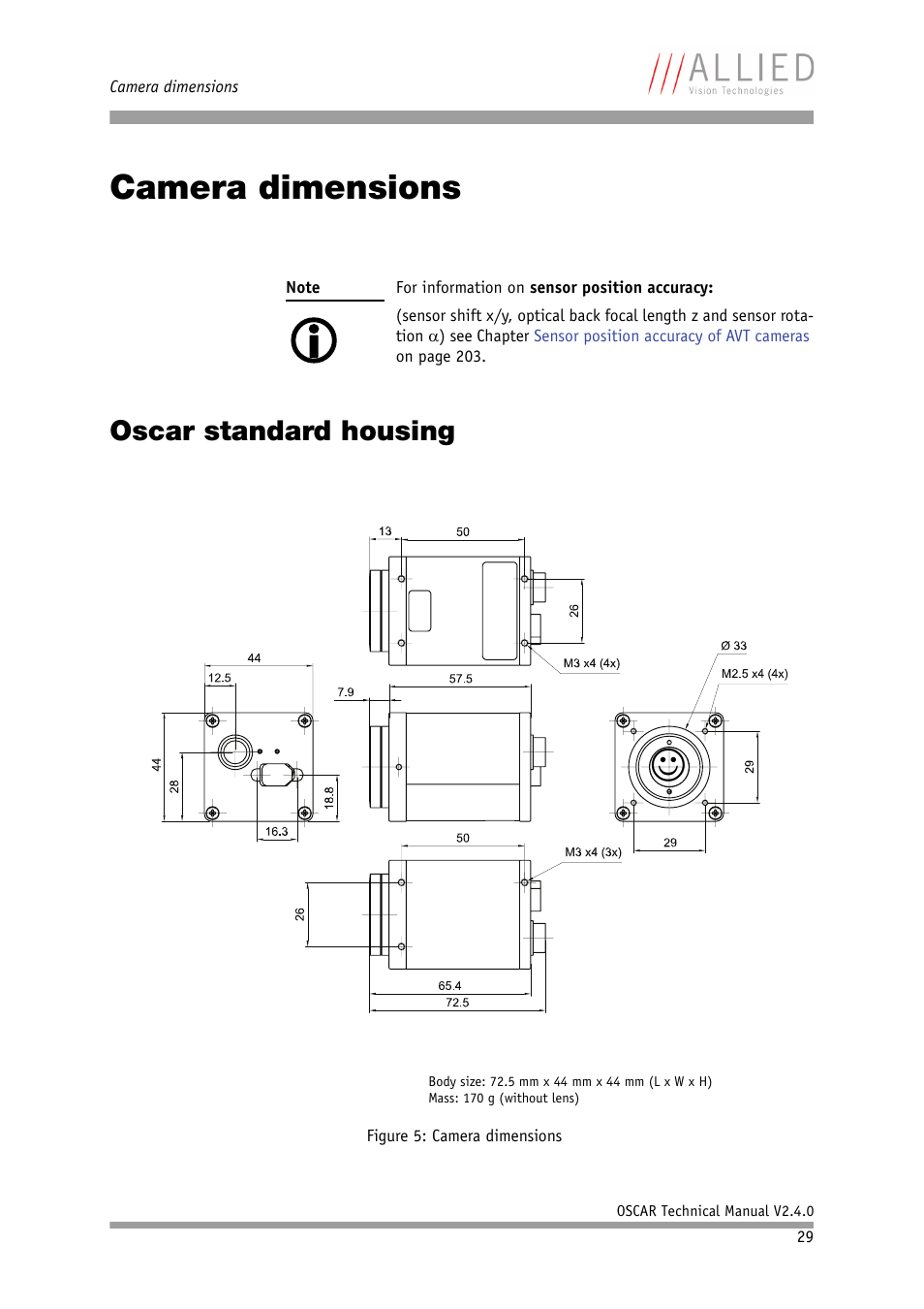 Camera dimensions, Oscar standard housing, In chapter | Camera dimen, Sions, Chapter | ALLIED Vision Technologies Oscar F-810 User Manual | Page 29 / 212