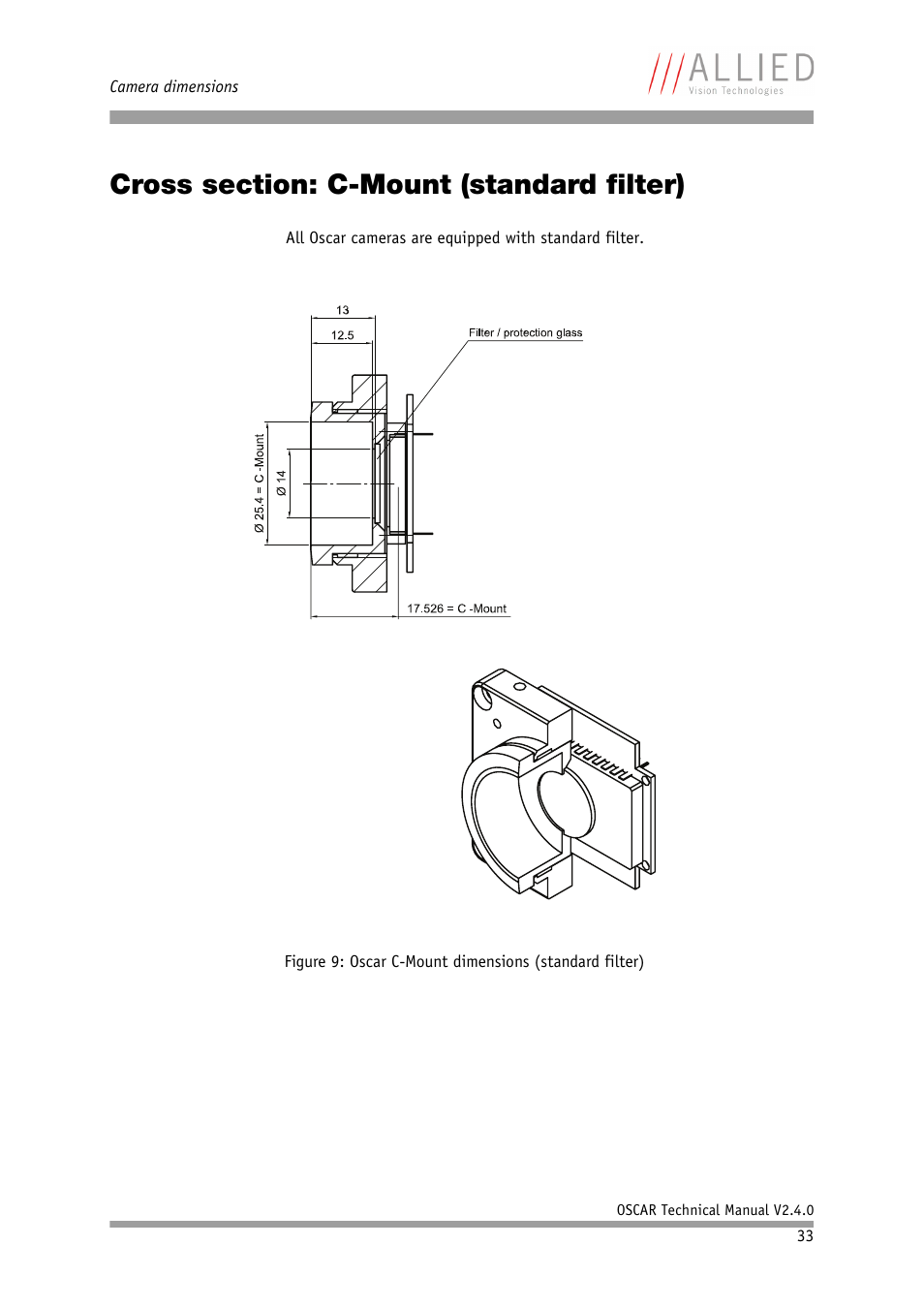 Cross section: c-mount (standard filter) | ALLIED Vision Technologies Oscar F-810 User Manual | Page 33 / 212