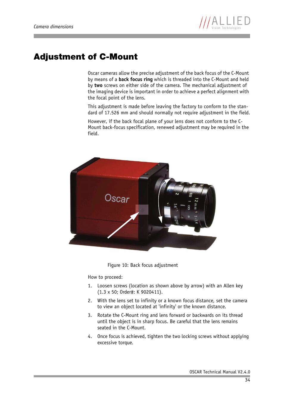 Adjustment of c-mount | ALLIED Vision Technologies Oscar F-810 User Manual | Page 34 / 212