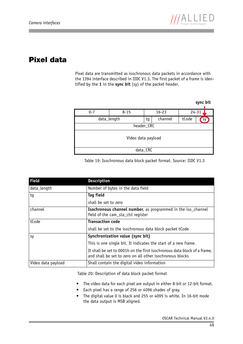 Pixel data | ALLIED Vision Technologies Oscar F-810 User Manual | Page 49 / 212
