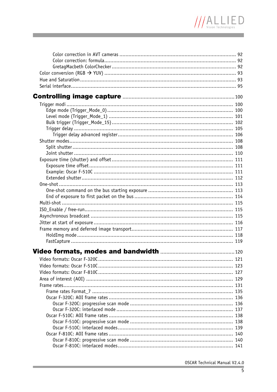 Controlling image capture, Video formats, modes and bandwidth | ALLIED Vision Technologies Oscar F-810 User Manual | Page 5 / 212