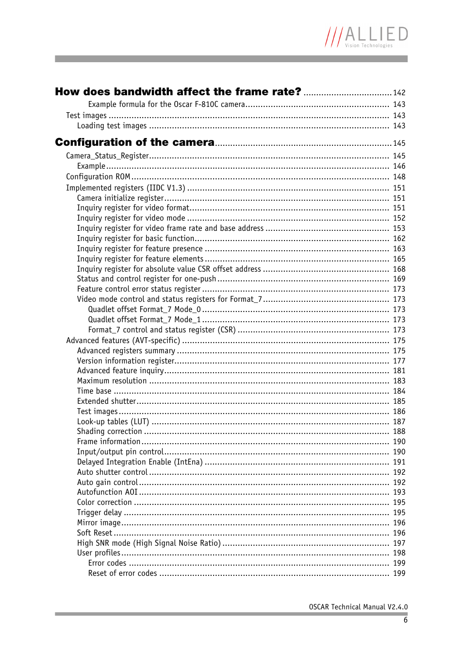 How does bandwidth affect the frame rate, Configuration of the camera | ALLIED Vision Technologies Oscar F-810 User Manual | Page 6 / 212