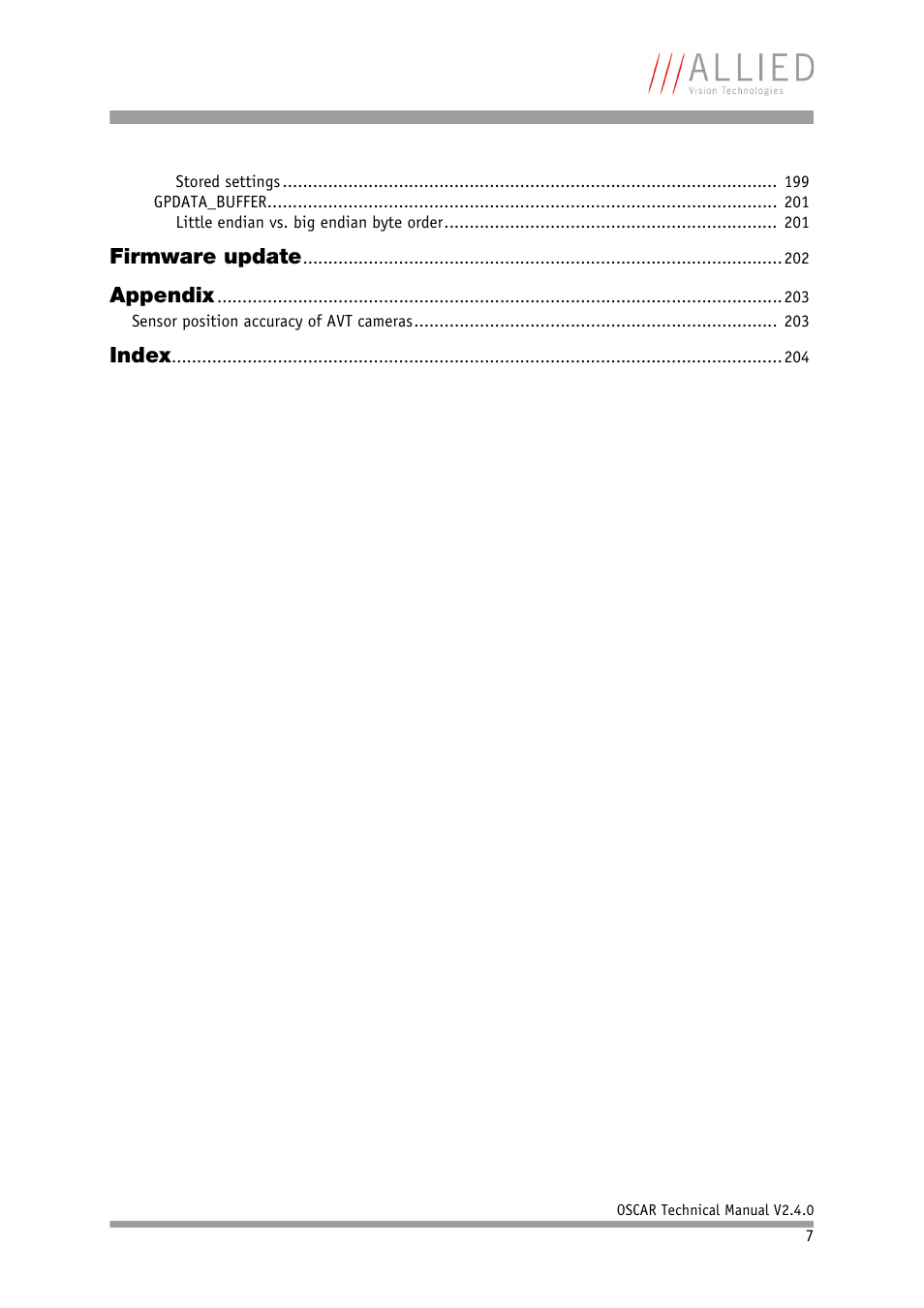 Firmware update, Appendix, Index | ALLIED Vision Technologies Oscar F-810 User Manual | Page 7 / 212