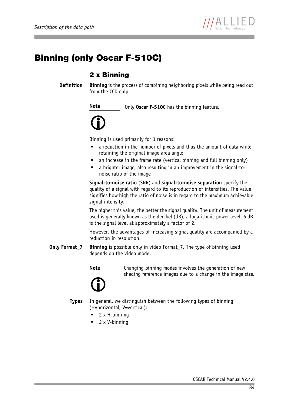Binning (only oscar f-510c), 2 x binning, Chapter | C (chapter, Binning (only oscar, F-510c) | ALLIED Vision Technologies Oscar F-810 User Manual | Page 84 / 212