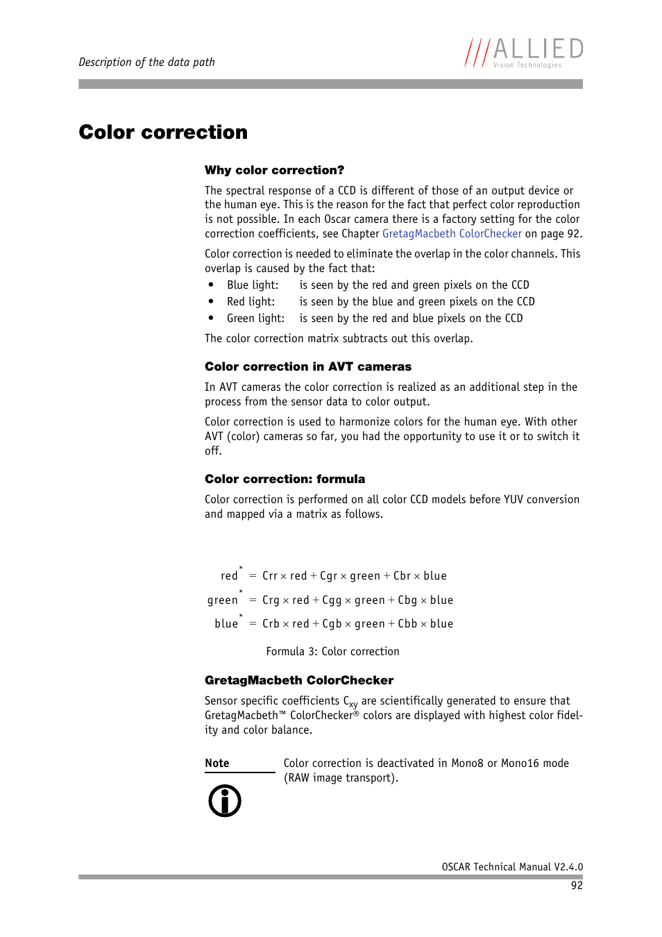 Color correction, Why color correction, Color correction in avt cameras | Color correction: formula, Gretagmacbeth colorchecker | ALLIED Vision Technologies Oscar F-810 User Manual | Page 92 / 212