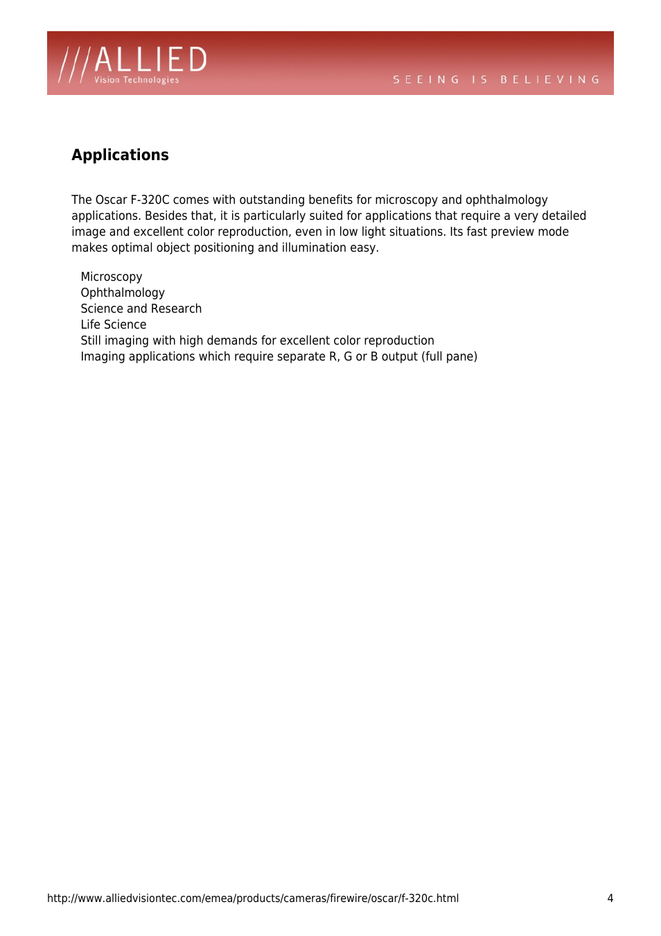 Applications, Ophthalmology, Science and research | Life science | ALLIED Vision Technologies Oscar F-320 User Manual | Page 4 / 4