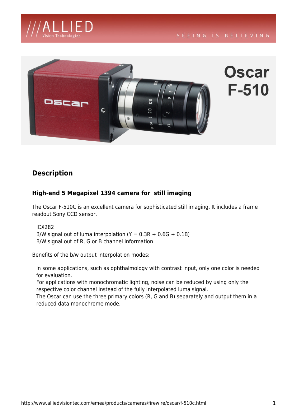 ALLIED Vision Technologies Oscar F-510 User Manual | 4 pages