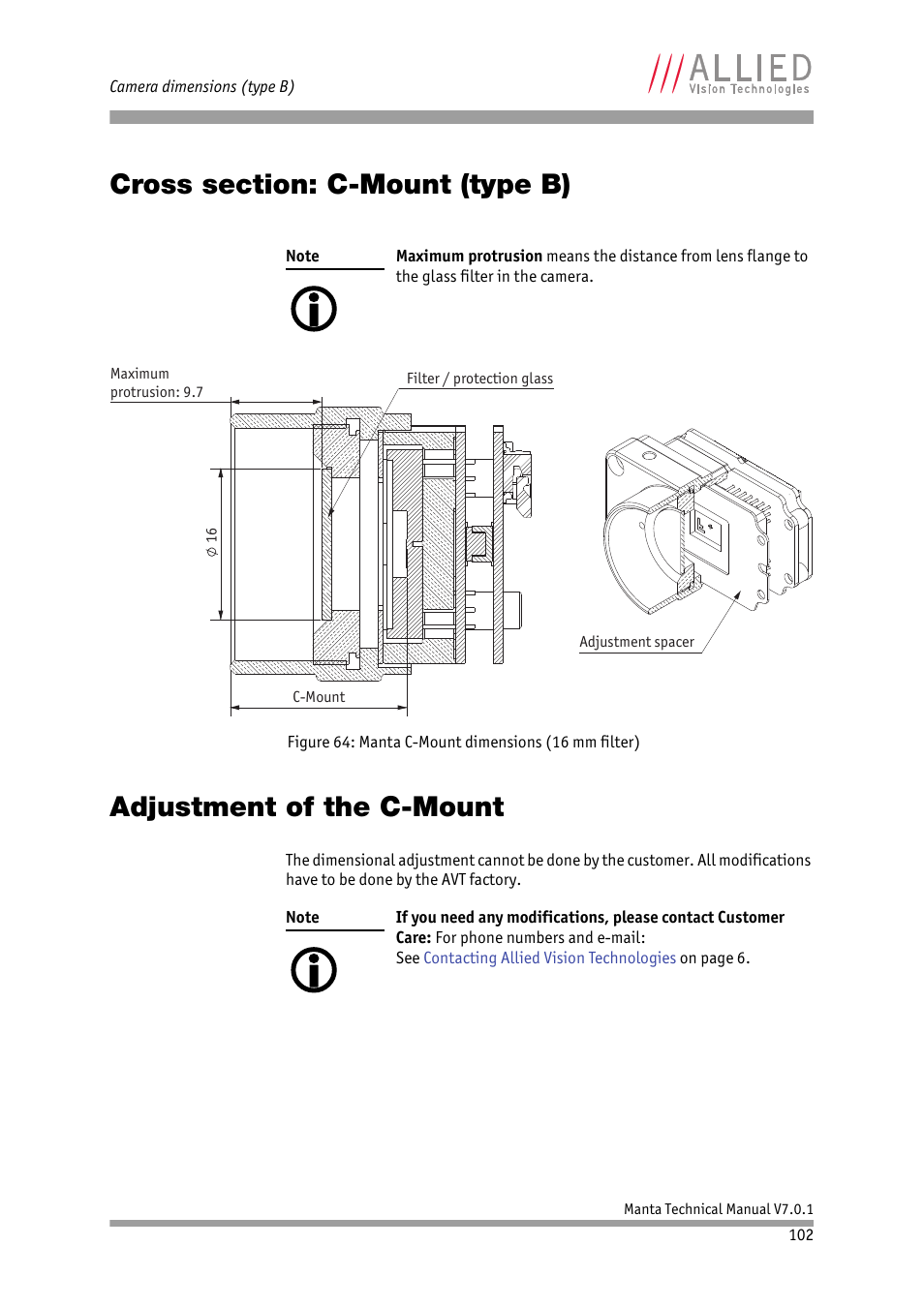 Cross section: c-mount (type b), Adjustment of the c-mount, Chapter | ALLIED Vision Technologies Manta G-917 User Manual | Page 102 / 156