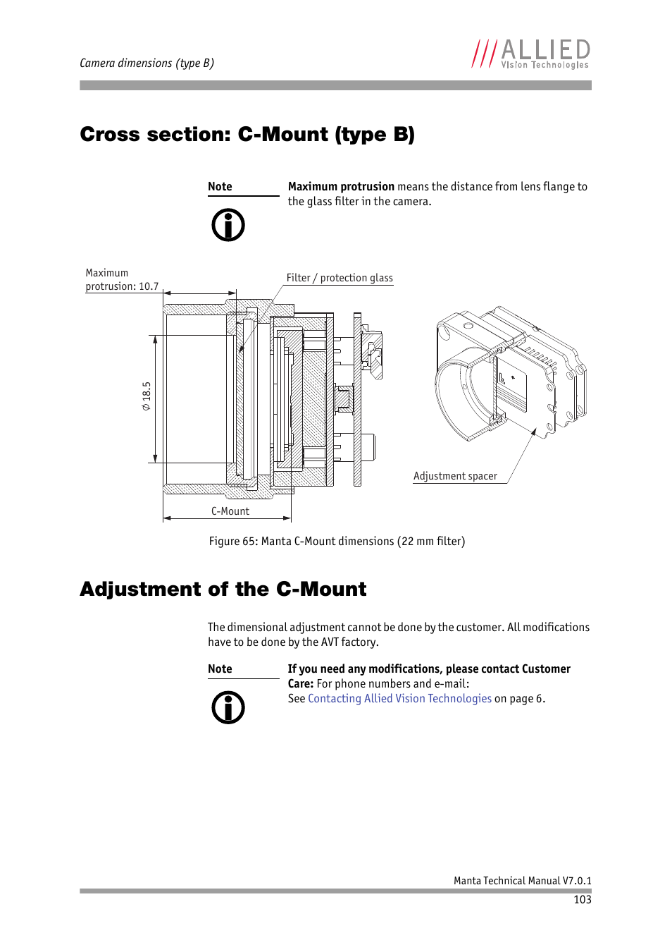 Cross section: c-mount (type b), Adjustment of the c-mount | ALLIED Vision Technologies Manta G-917 User Manual | Page 103 / 156