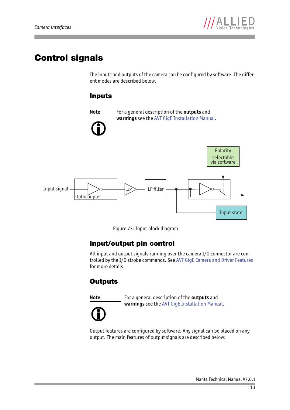 Control signals, Inputs, Input/output pin control | Outputs, Inputs input/output pin control outputs | ALLIED Vision Technologies Manta G-917 User Manual | Page 113 / 156