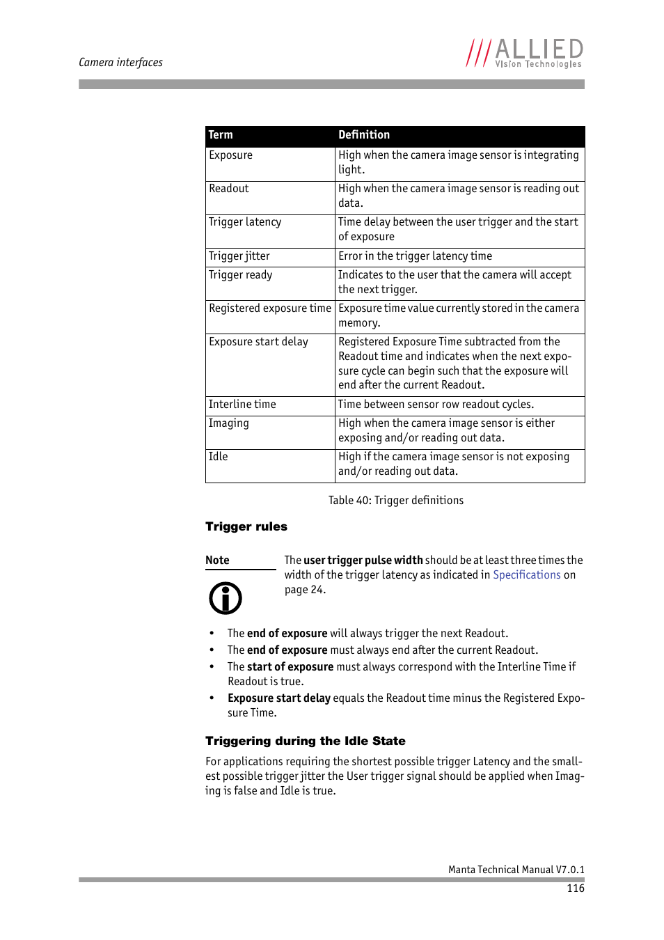 Trigger rules, Triggering during the idle state | ALLIED Vision Technologies Manta G-917 User Manual | Page 116 / 156