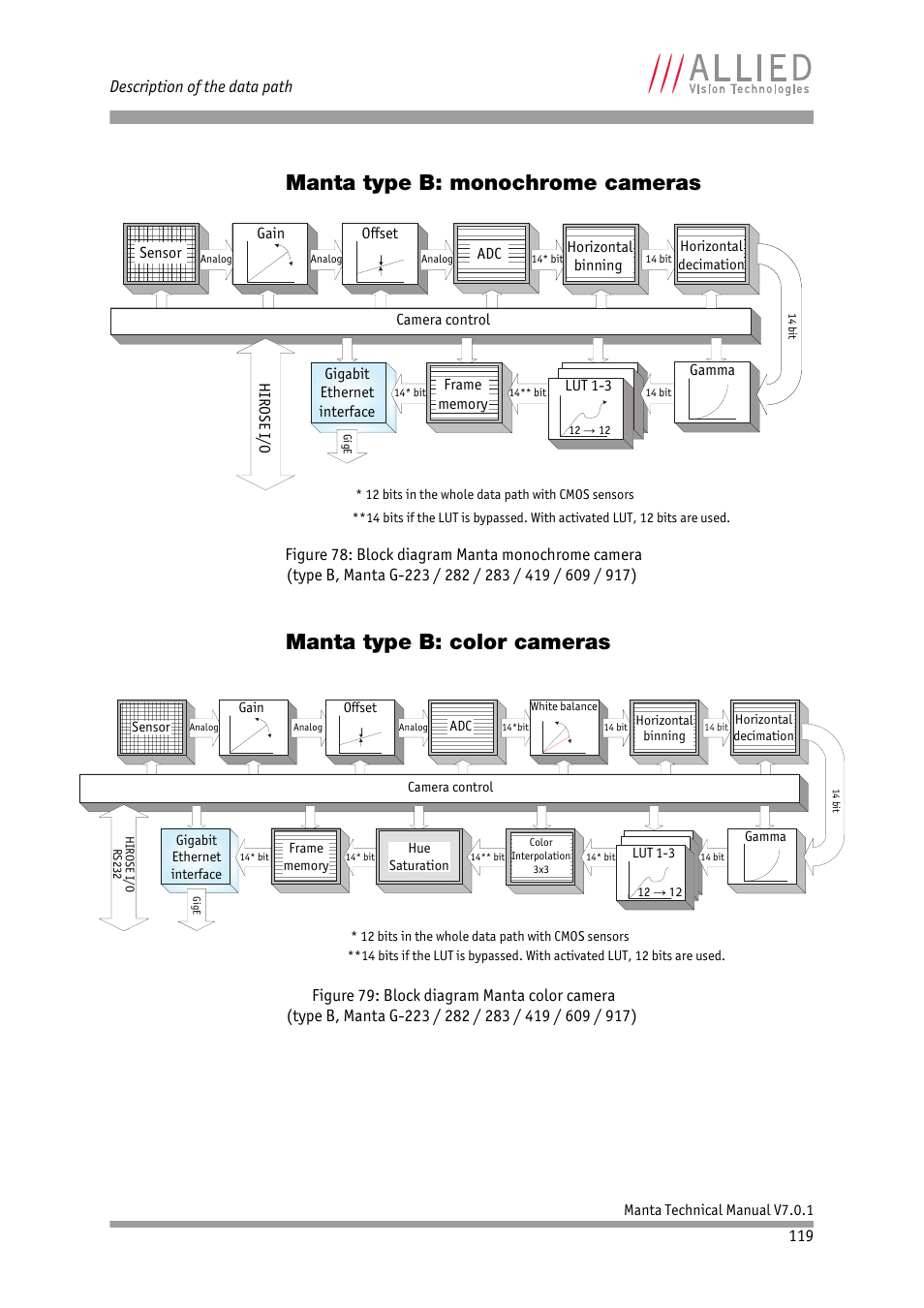 Manta type b: monochrome cameras, Manta type b: color cameras, 119 description of the data path | ALLIED Vision Technologies Manta G-917 User Manual | Page 119 / 156