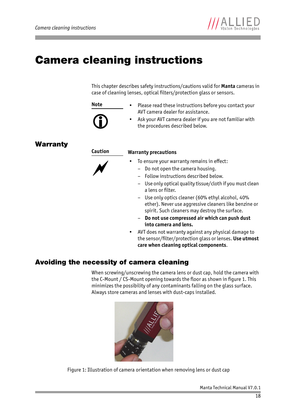 Camera cleaning instructions, Warranty, Avoiding the necessity of camera cleaning | Warranty avoiding the necessity of camera cleaning | ALLIED Vision Technologies Manta G-917 User Manual | Page 18 / 156