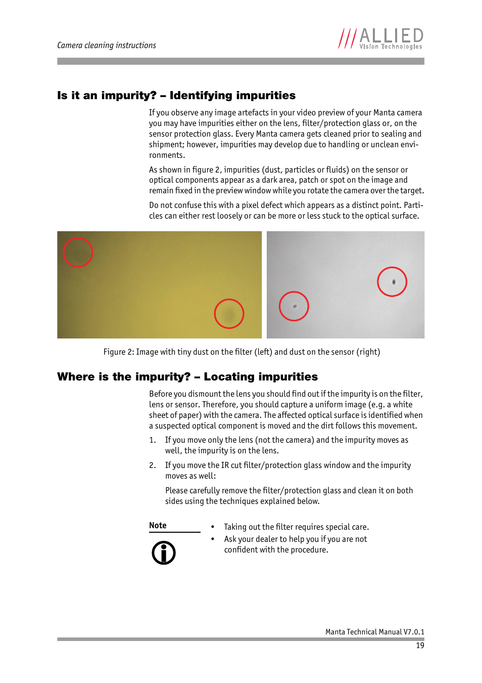 Is it an impurity? – identifying impurities, Where is the impurity? – locating impurities | ALLIED Vision Technologies Manta G-917 User Manual | Page 19 / 156