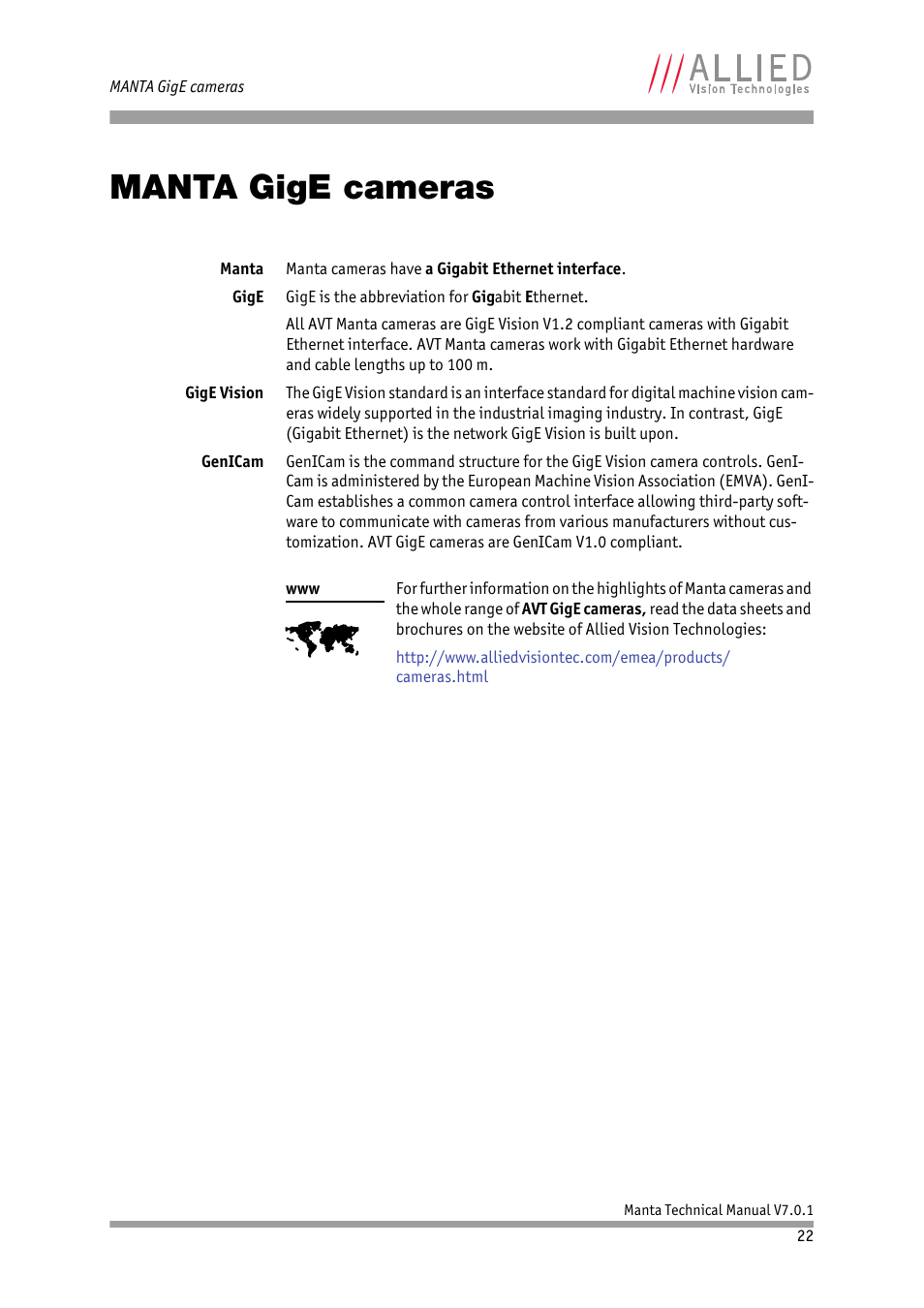 Manta gige cameras | ALLIED Vision Technologies Manta G-917 User Manual | Page 22 / 156