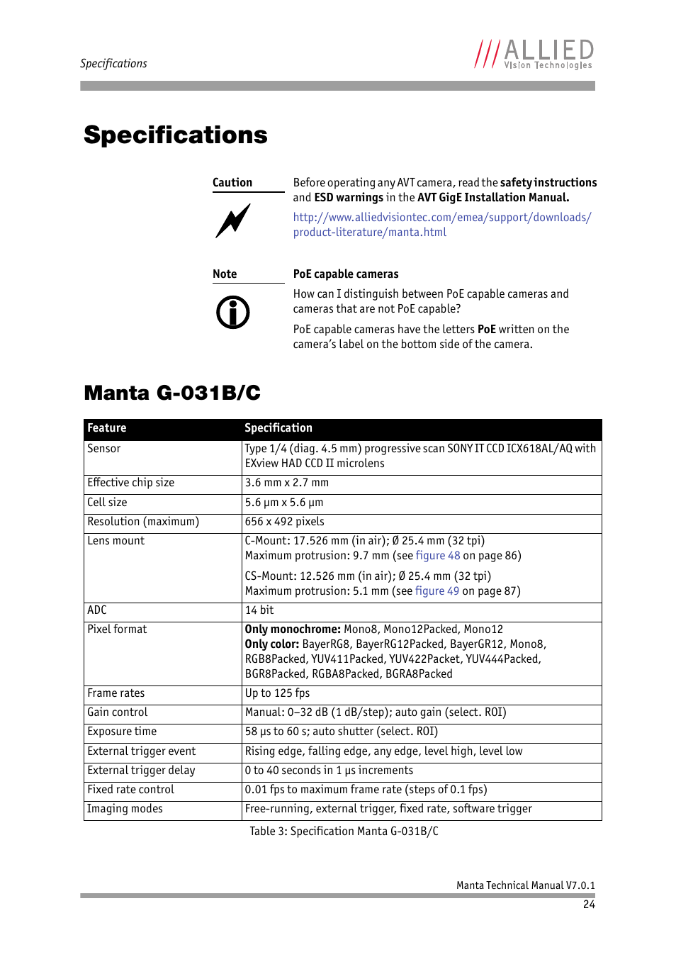 Specifications, Manta g-031b/c, Chapter | In chapter, A poe models: see chapter, Ns): see chapter, S: see chapter, See chapter, Specification | ALLIED Vision Technologies Manta G-917 User Manual | Page 24 / 156