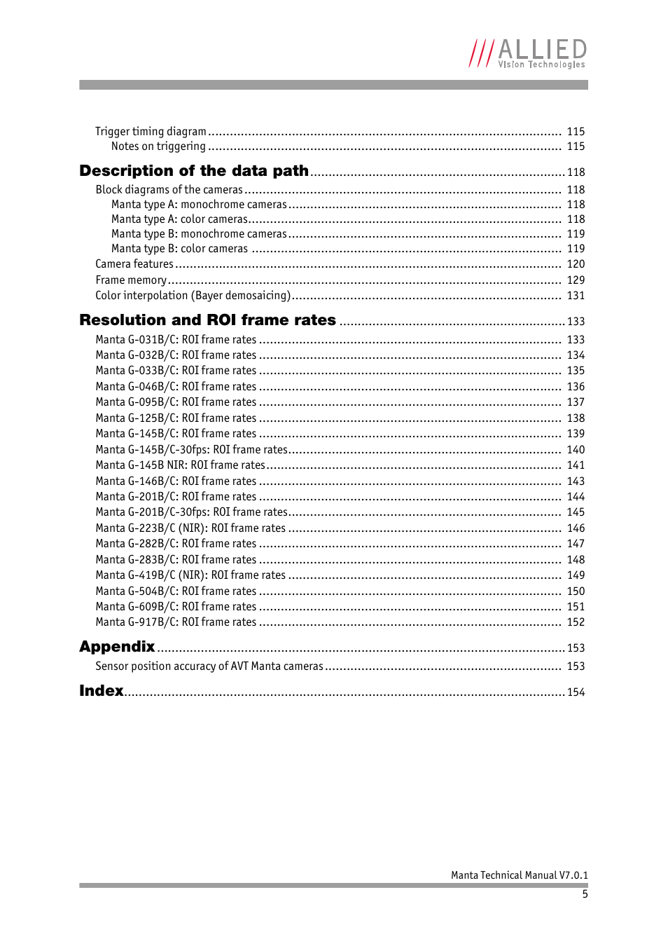 Description of the data path, Resolution and roi frame rates, Appendix | Index | ALLIED Vision Technologies Manta G-917 User Manual | Page 5 / 156