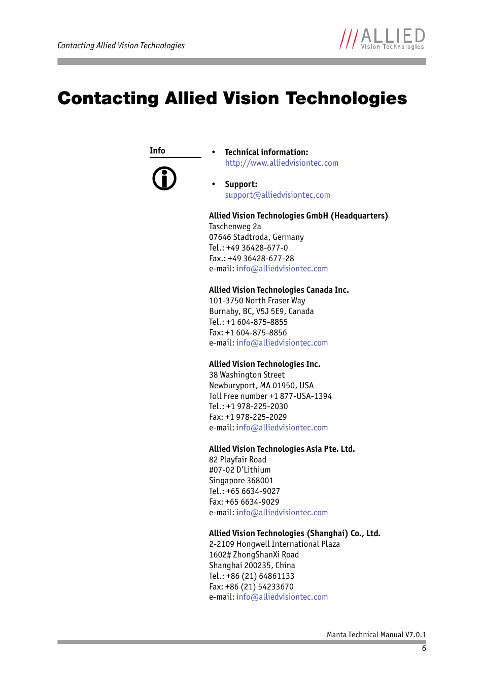 Contacting allied vision technologies | ALLIED Vision Technologies Manta G-917 User Manual | Page 6 / 156