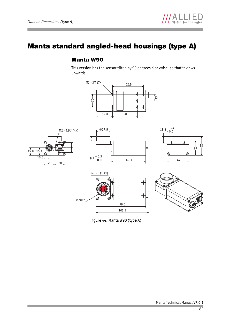 Manta standard angled-head housings (type a), Manta w90, Chapter | ALLIED Vision Technologies Manta G-917 User Manual | Page 82 / 156