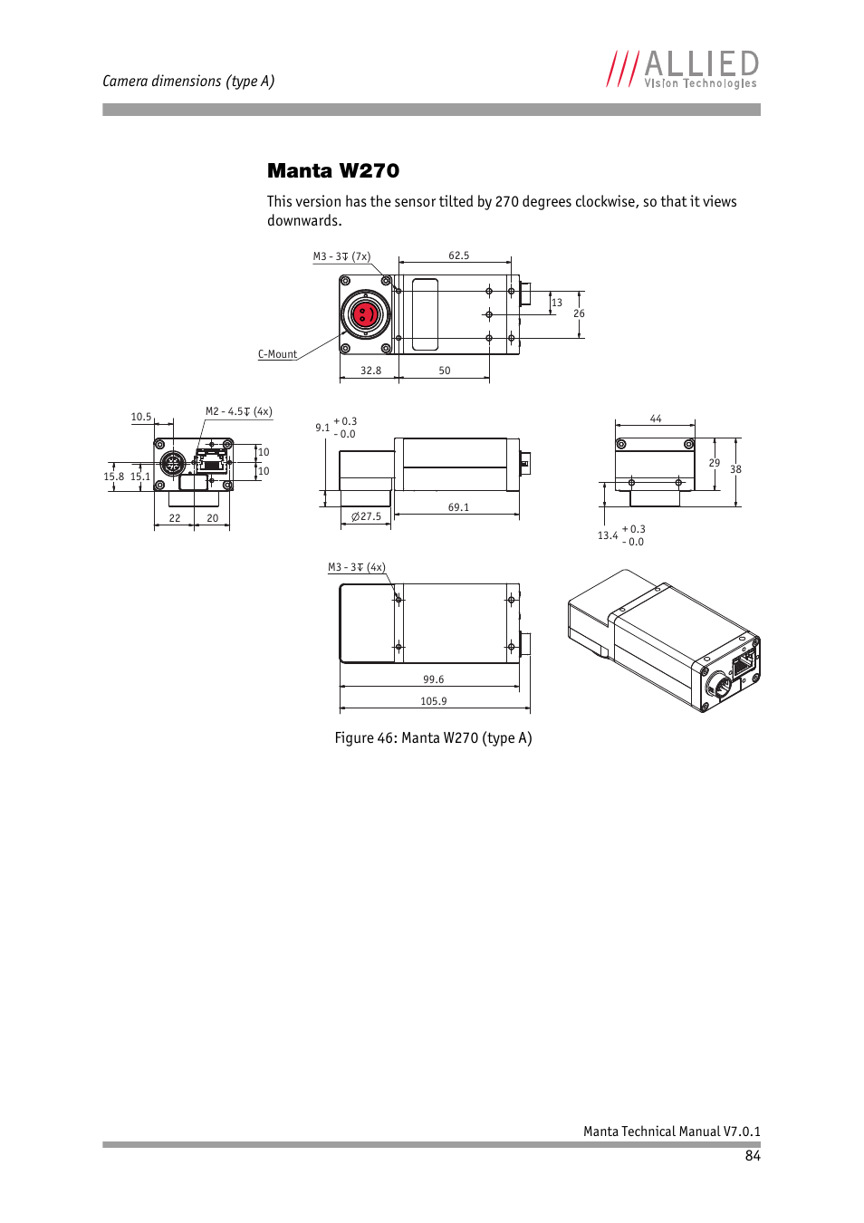 Manta w270, 84 camera dimensions (type a) | ALLIED Vision Technologies Manta G-917 User Manual | Page 84 / 156