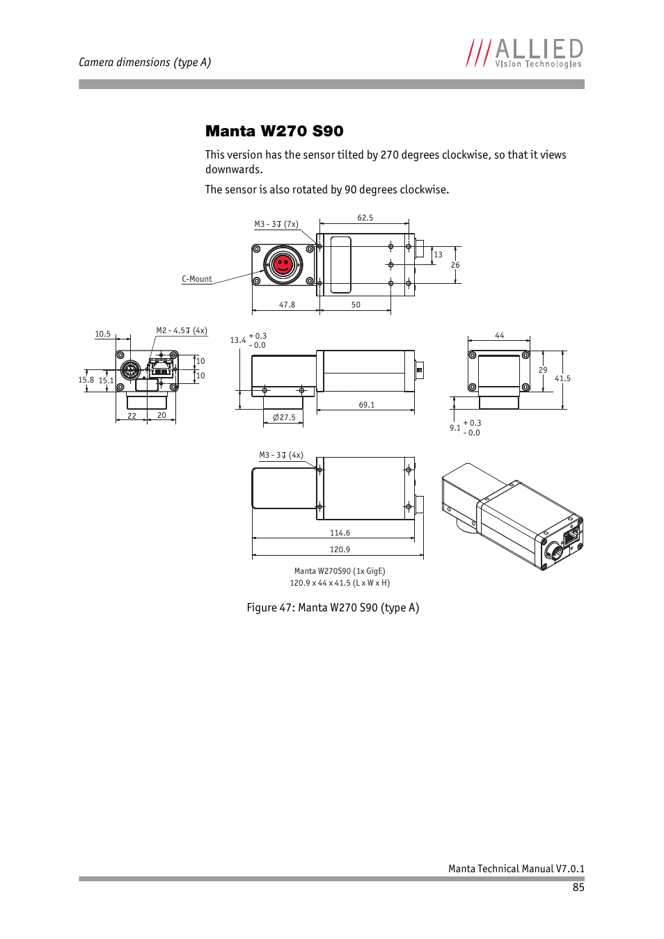 Manta w270 s90, 85 camera dimensions (type a) | ALLIED Vision Technologies Manta G-917 User Manual | Page 85 / 156