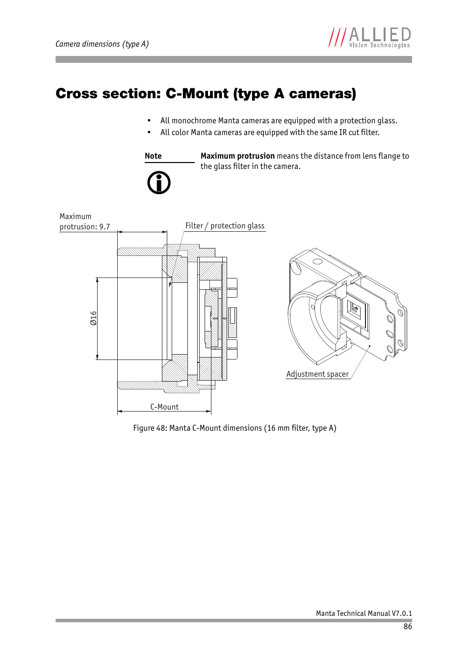 Cross section: c-mount (type a cameras), Figure 48, Mm (see | ALLIED Vision Technologies Manta G-917 User Manual | Page 86 / 156