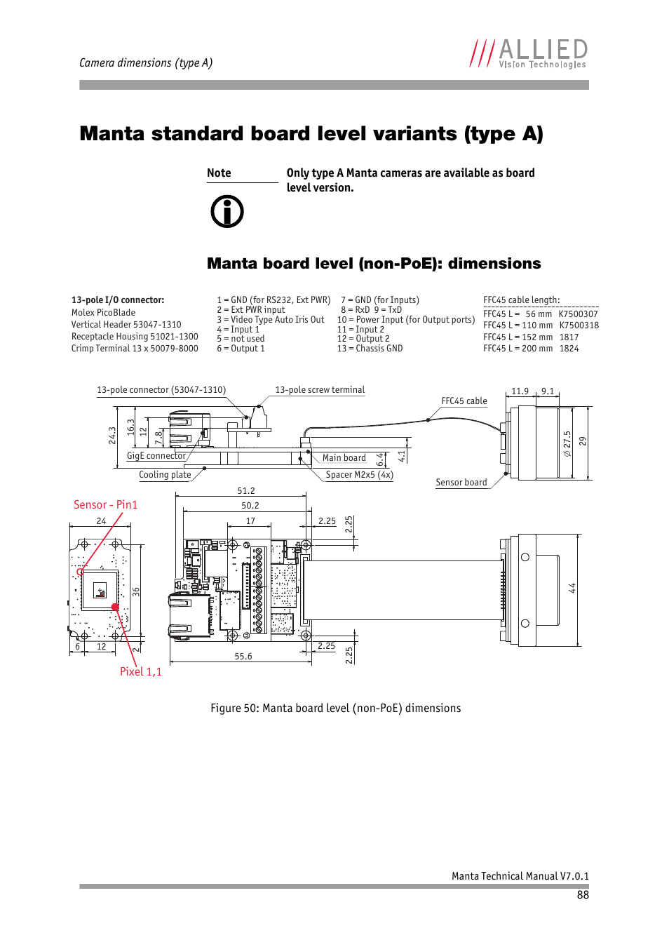 Manta standard board level variants (type a), Manta board level (non-poe): dimensions, Chapter | ALLIED Vision Technologies Manta G-917 User Manual | Page 88 / 156