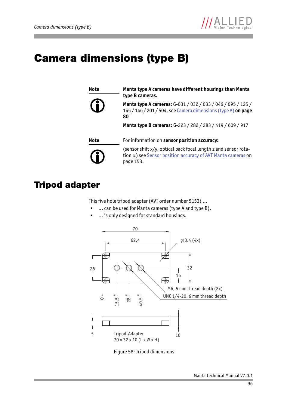 Camera dimensions (type b), Tripod adapter | ALLIED Vision Technologies Manta G-917 User Manual | Page 96 / 156