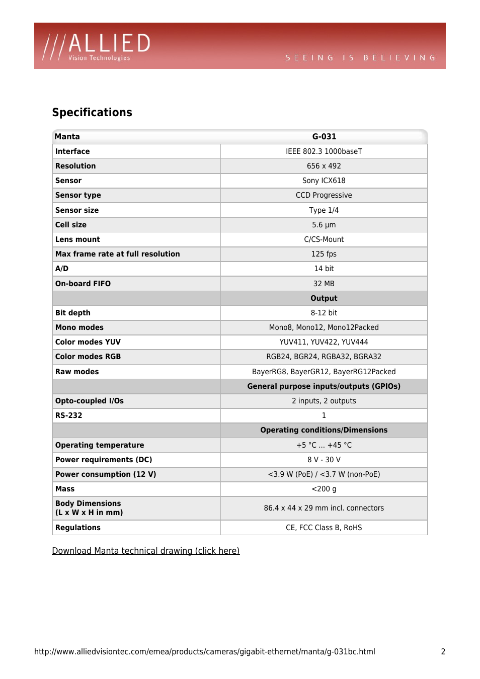 Specifications | ALLIED Vision Technologies Manta G-031 User Manual | Page 2 / 4