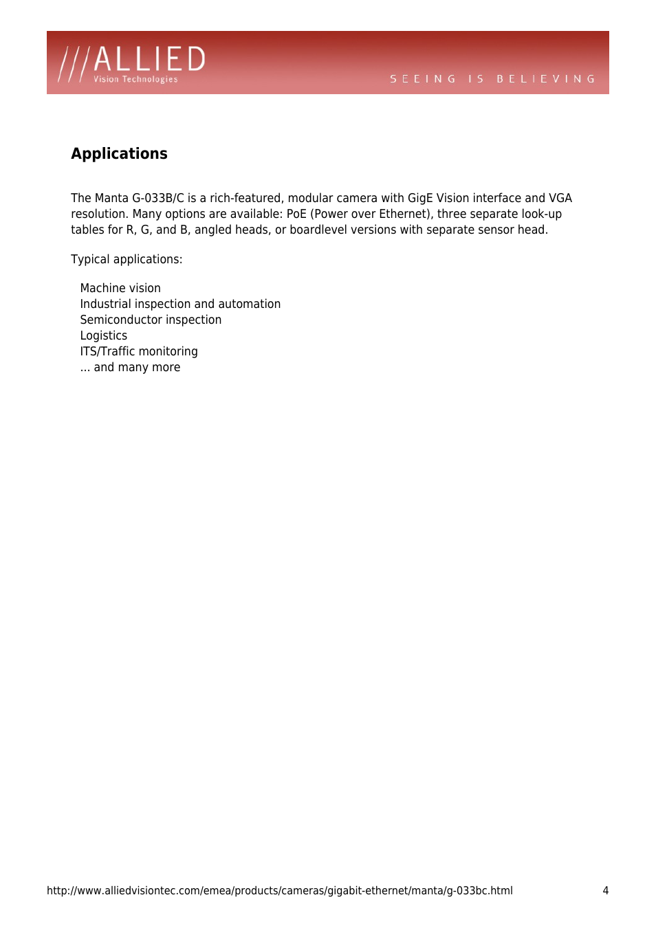 Applications | ALLIED Vision Technologies Manta G-033 User Manual | Page 4 / 4